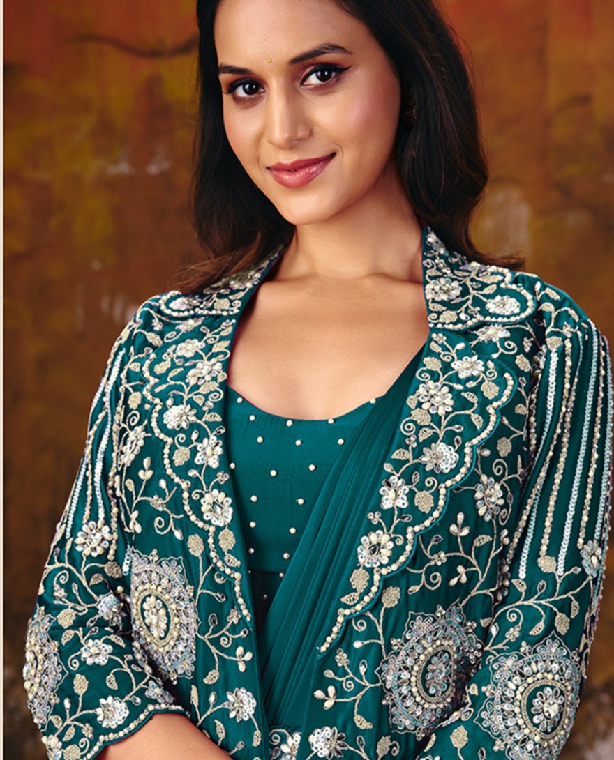 27104B - Rama Green Embroidered Wedding Party Designer Saree
